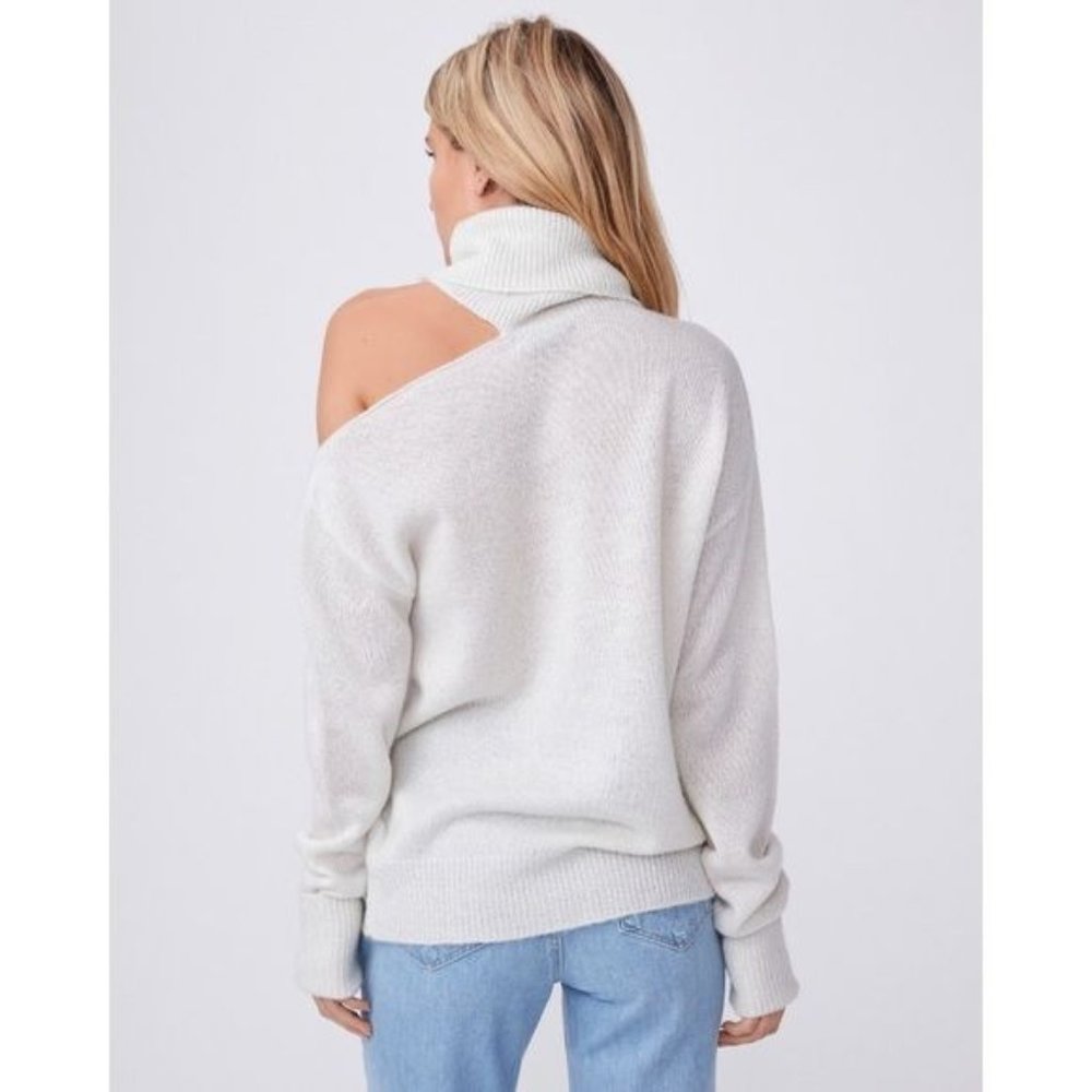 Paige Raundi Cold Shoulder CutOut Metallic Lurex Knit Relaxed Turtleneck Sweater - Picture 8 of 16